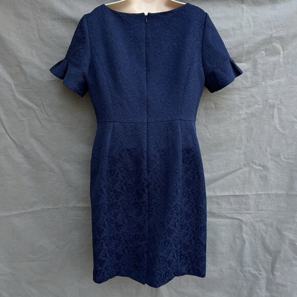 Talbots Size 10 Navy Blue Jacquard Brocade Ruffle Sleeve Sheath Dress Classic - Picture 2 of 8